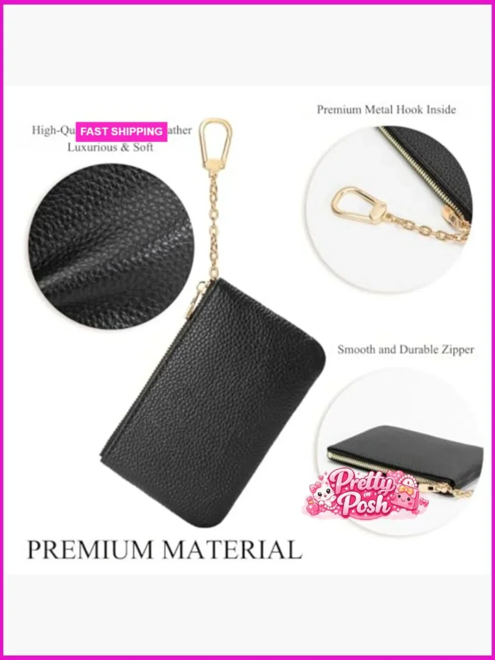 Full Grain Leather Coin Purse with Key Chain, Zipper Closure